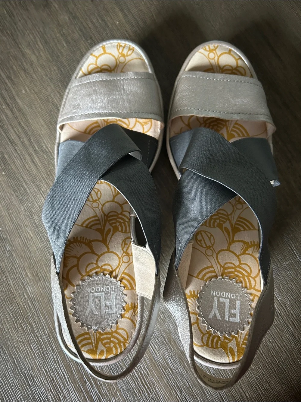 Fly London Yayi Bognona Cross Wedge Leather Sandals Gray/Silver, Sz. 41 (10.5)US